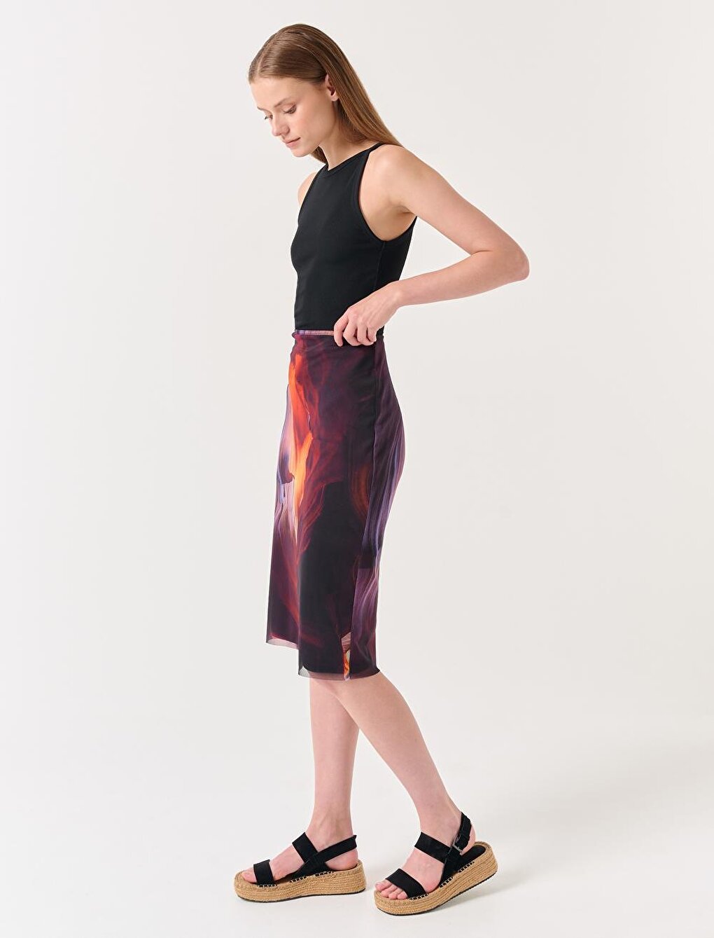 Dark Purple High Waist Patterned Midi Mesh Skirt