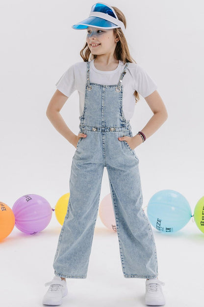 Girl's Jean Salopet Jumpsuit Wide Leg Snap Fastener Light Blue