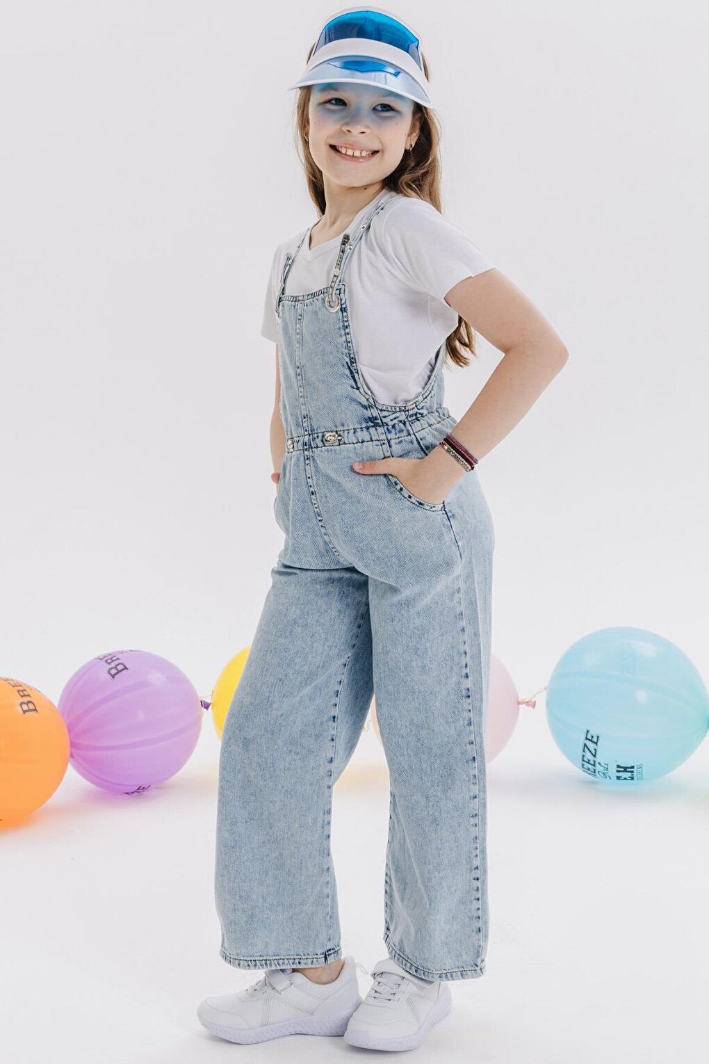 Girl's Jean Salopet Jumpsuit Wide Leg Snap Fastener Light Blue