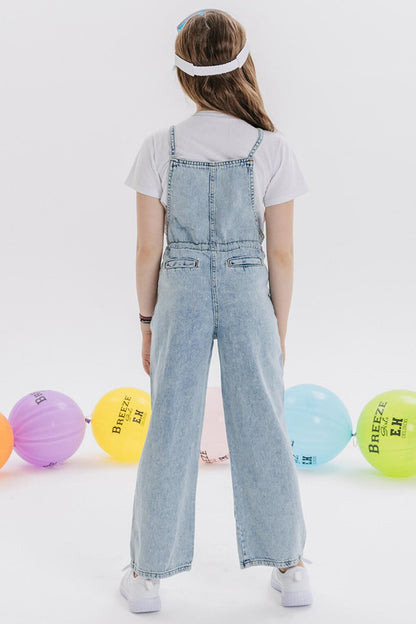 Girl's Jean Salopet Jumpsuit Wide Leg Snap Fastener Light Blue