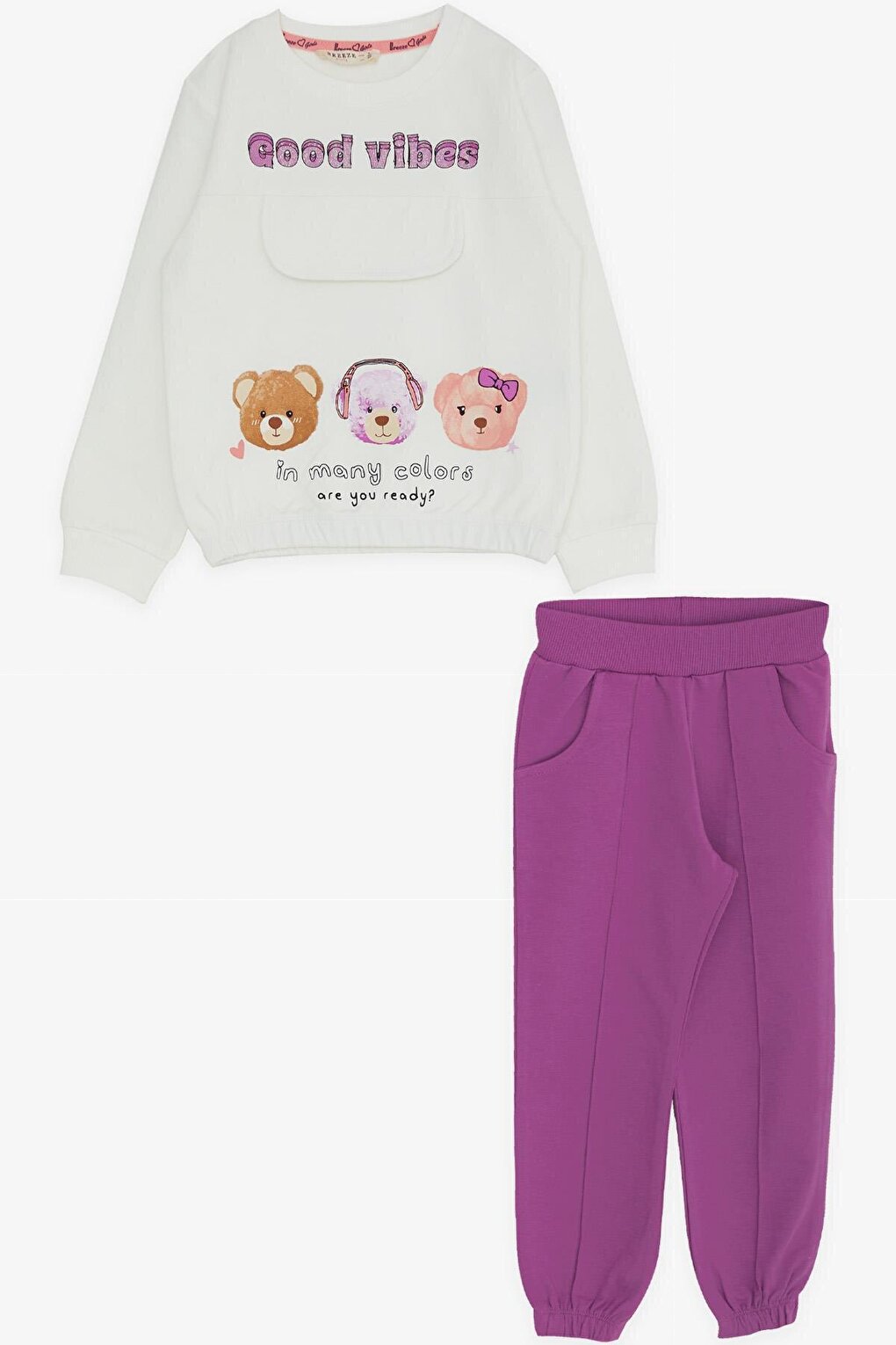 Girls' Tracksuit Set, Teddy Bear Printed Ecru (Age 3-4)