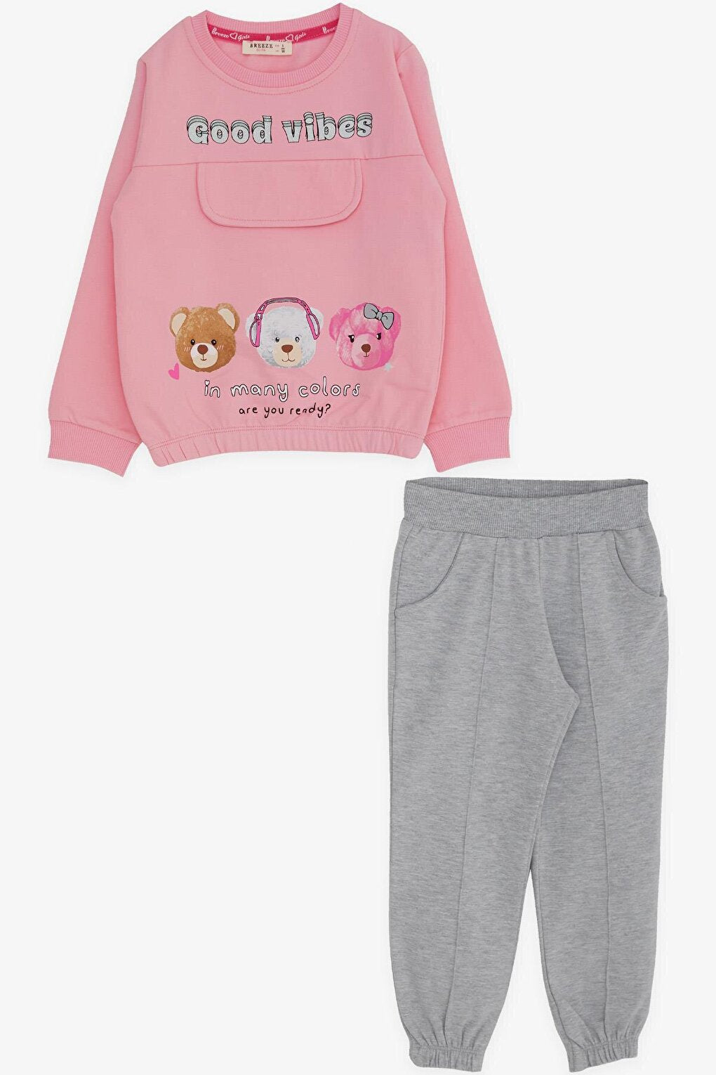 Girls' Tracksuit Set, Teddy Bear Printed Pink (Age 3-6)