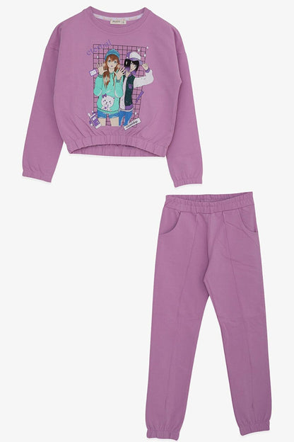 Girls' Tracksuit Set Glitter Girls Printed Lilac (Age 8-12)