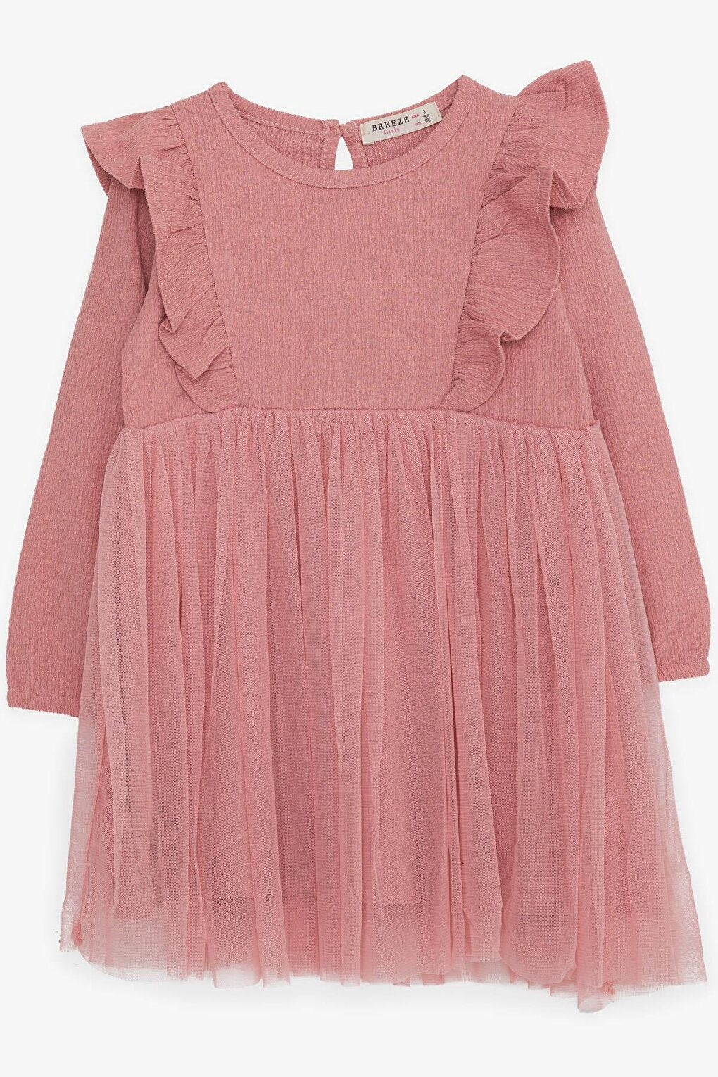 Girl's Long Sleeve Dress, Ruffled Shoulder, Dried Rose (Age 3-4)