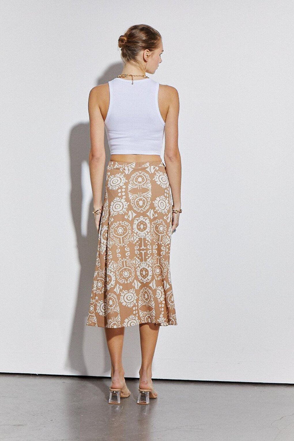 Printed Knitted Skirt with Elastic Waist Slit Detail