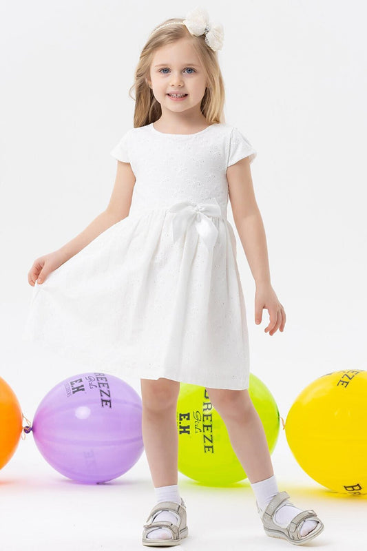 Girl's Short Sleeve Dress White with Bow (Age 3-5)