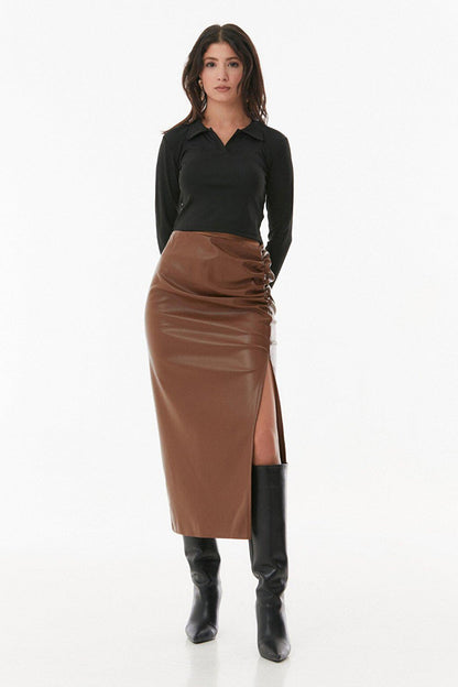 Faux Leather Gathered Skirt with Side Slits