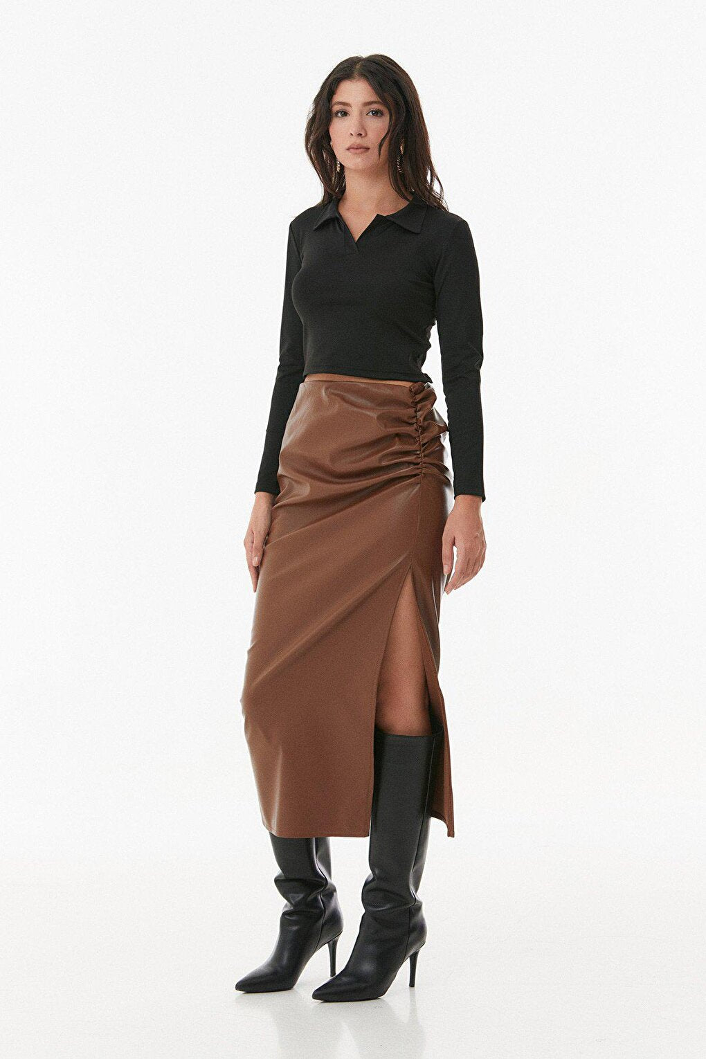 Faux Leather Gathered Skirt with Side Slits