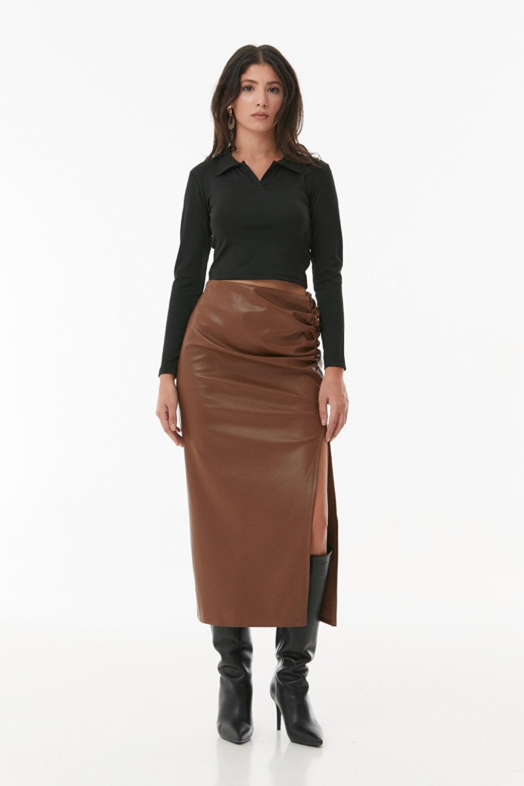 Faux Leather Gathered Skirt with Side Slits