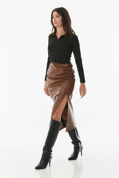 Faux Leather Gathered Skirt with Side Slits