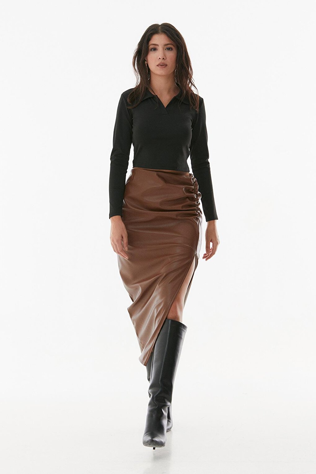 Faux Leather Gathered Skirt with Side Slits