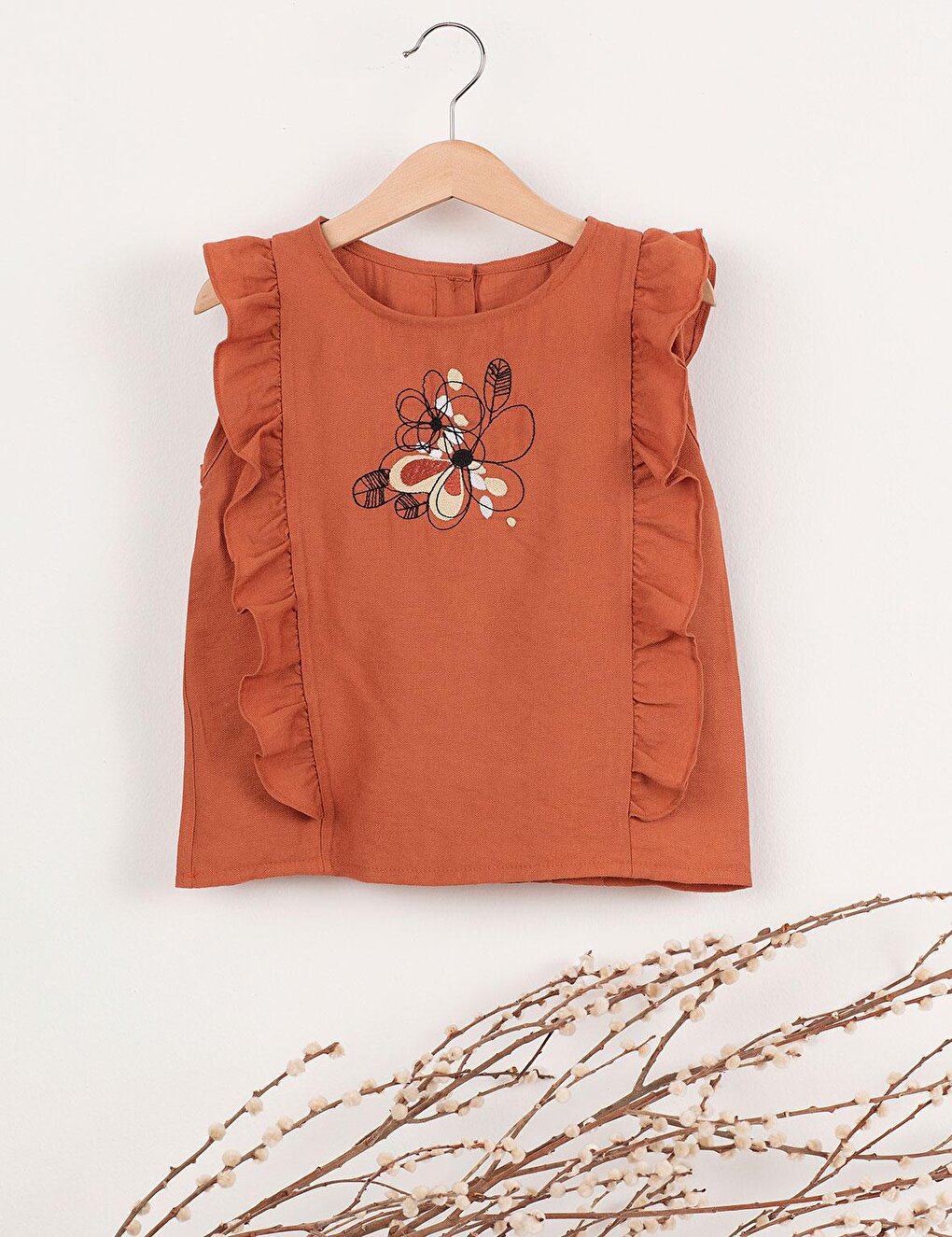 Floral Embroidered Ruffle Girls Blouse