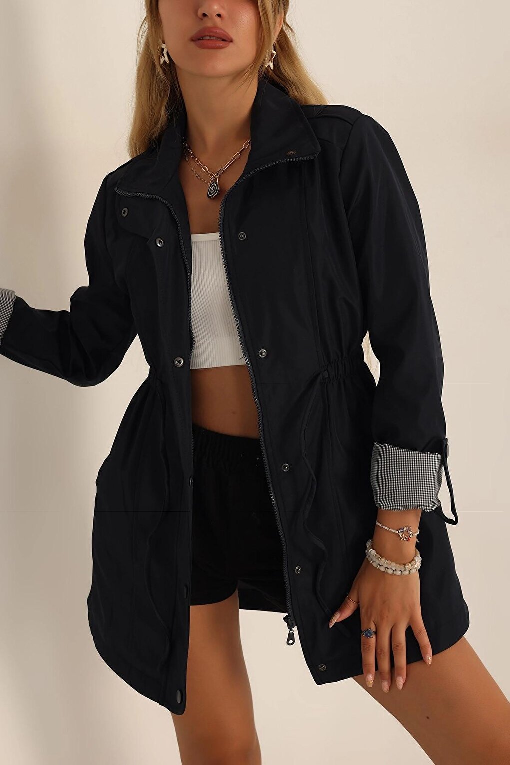 Navy Blue Zippered Waist Drawstring Trench Coat with Sleeve Cuffs