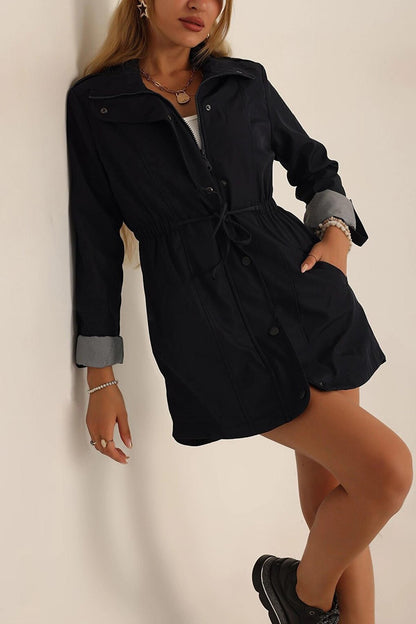 Navy Blue Zippered Waist Drawstring Trench Coat with Sleeve Cuffs