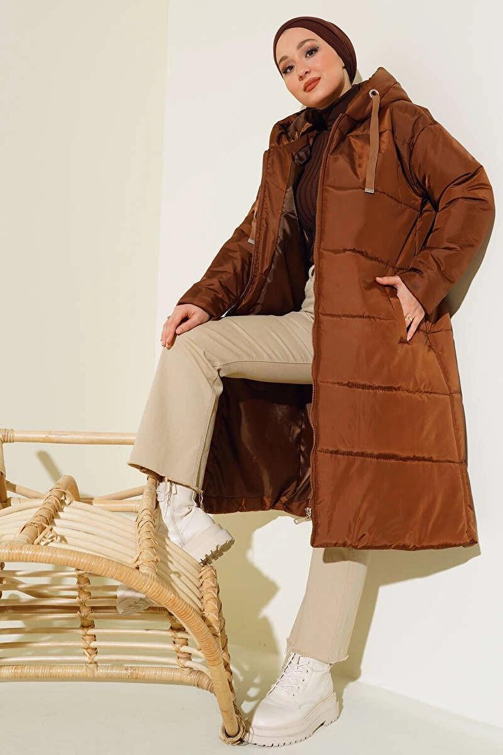 Brown Hooded Long Puffer Jacket