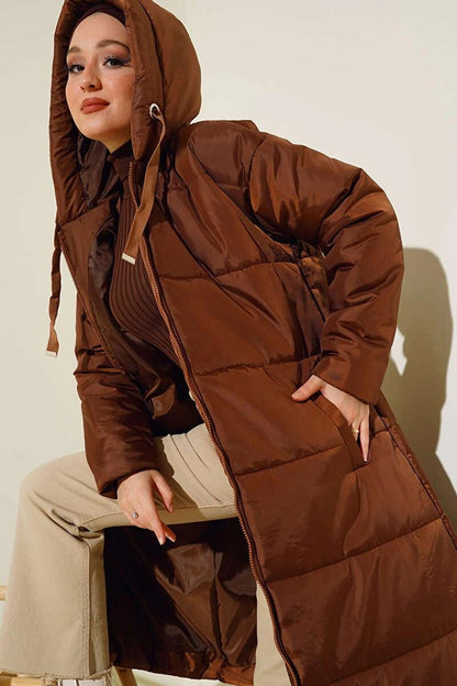 Brown Hooded Long Puffer Jacket