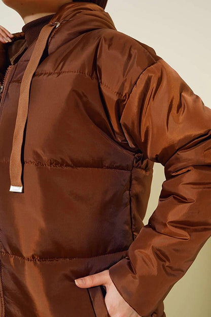 Brown Hooded Long Puffer Jacket