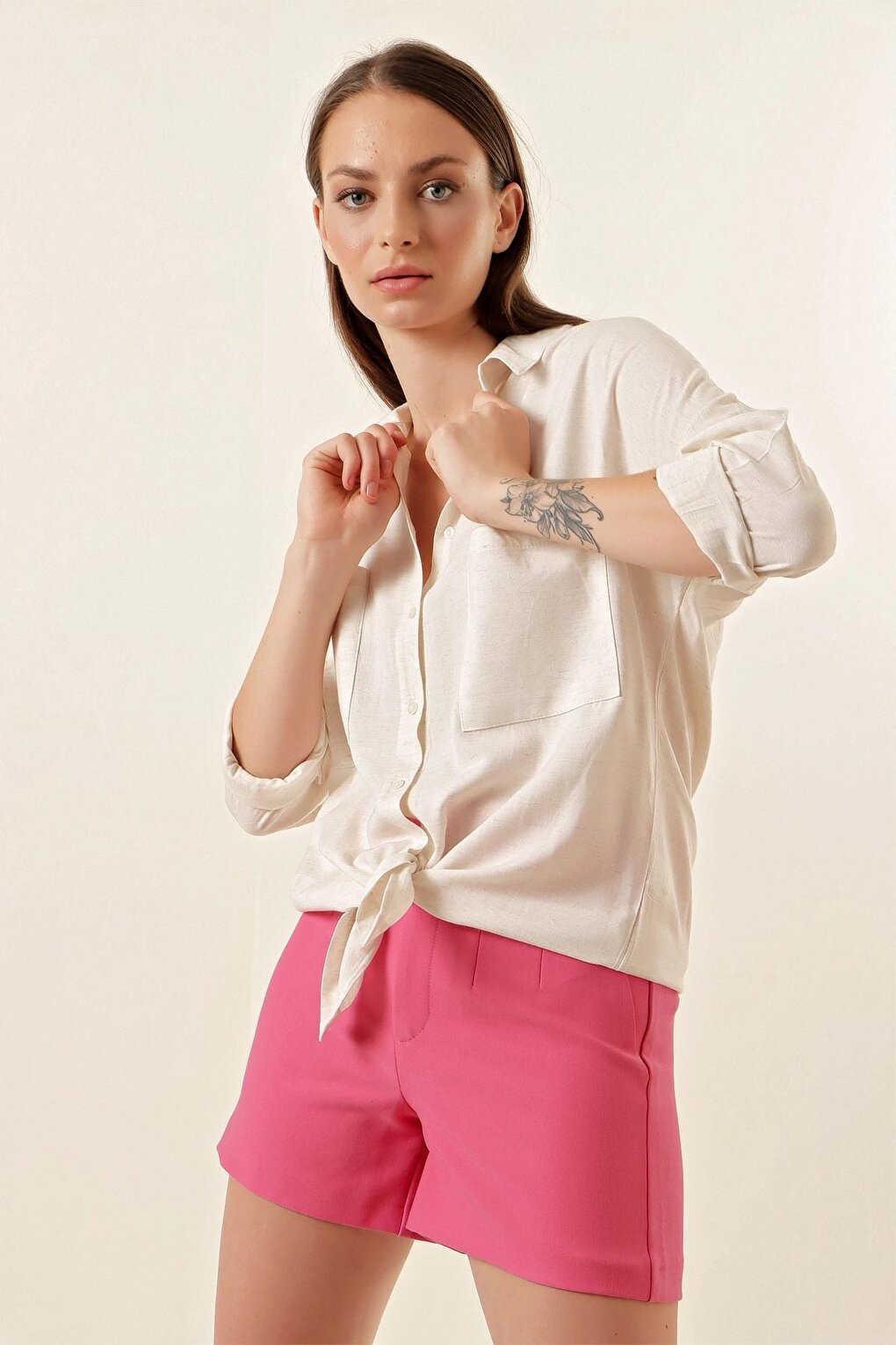 Ecru Off Shoulder Double Pocket Linen Shirt