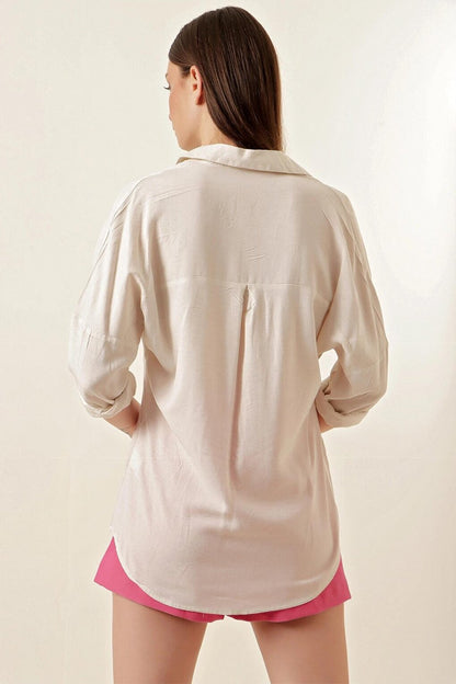 Ecru Off Shoulder Double Pocket Linen Shirt