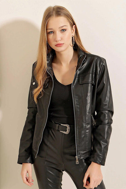 Black Stand Collar Zippered Faux Leather Coat