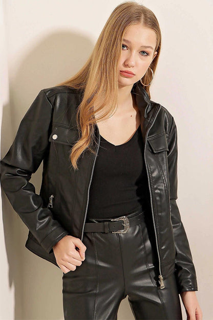 Black Stand Collar Zippered Faux Leather Coat