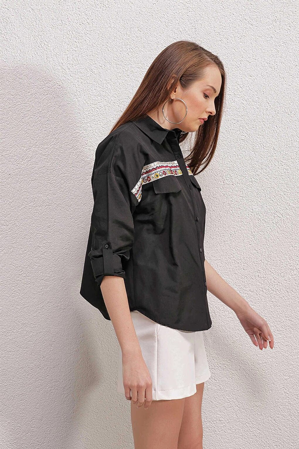 Black Embroidered Shirt with Pocket Flap Detail