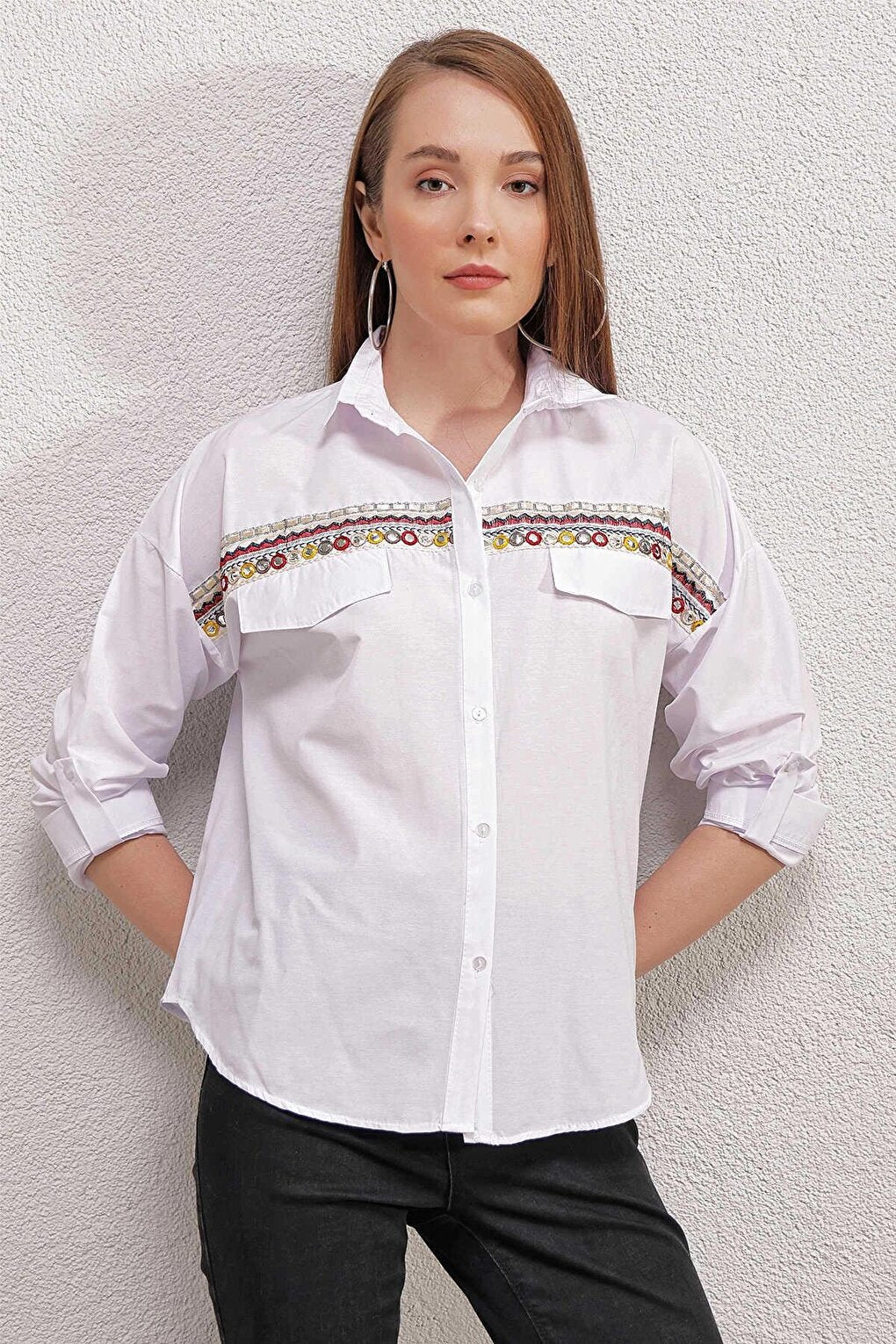 White Embroidered Shirt with Pocket Flap Detail