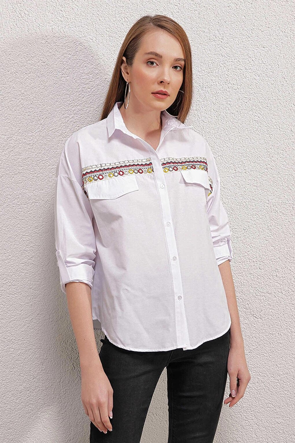 White Embroidered Shirt with Pocket Flap Detail