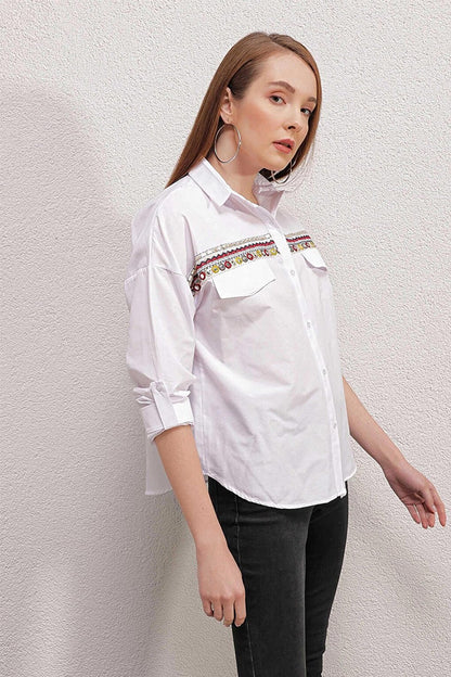 White Embroidered Shirt with Pocket Flap Detail