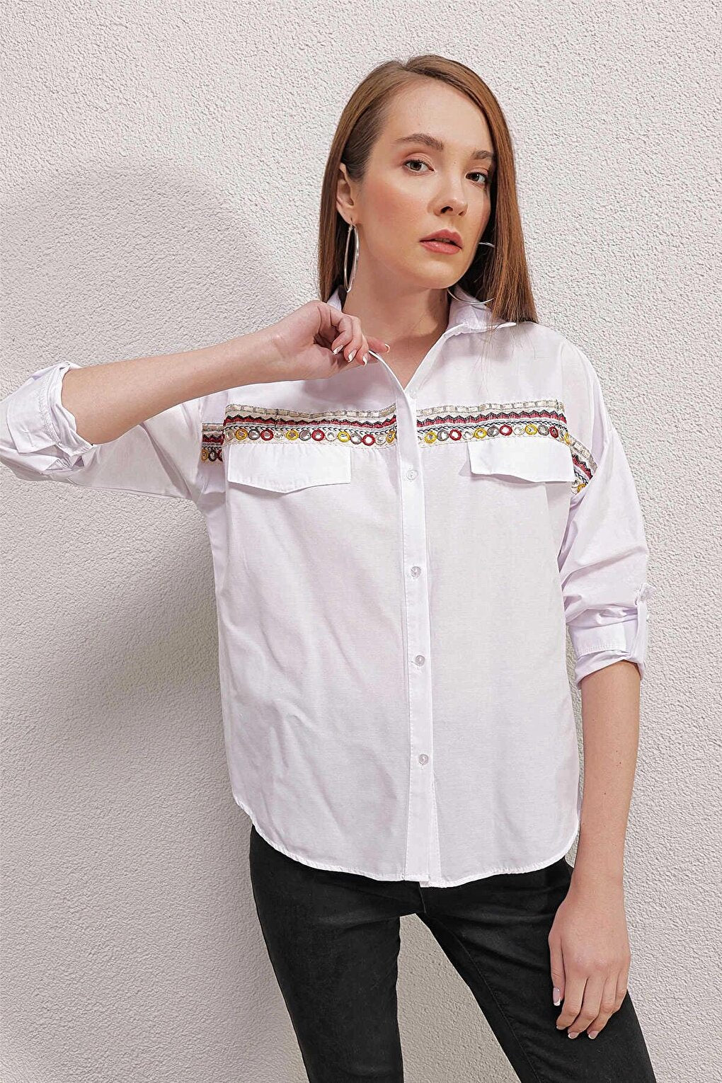 White Embroidered Shirt with Pocket Flap Detail