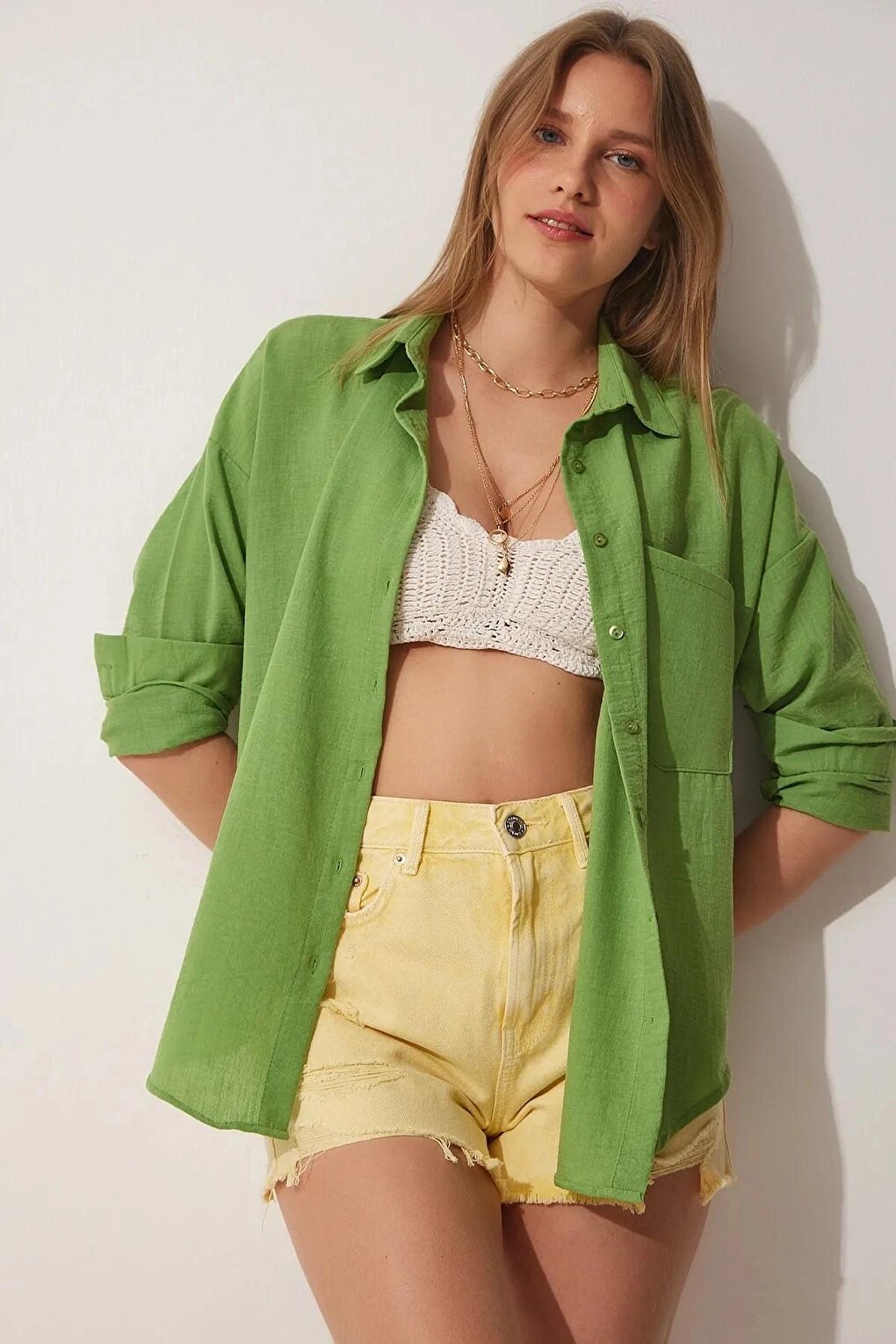 Green Oversize Shirt with Low Shoulder Pockets