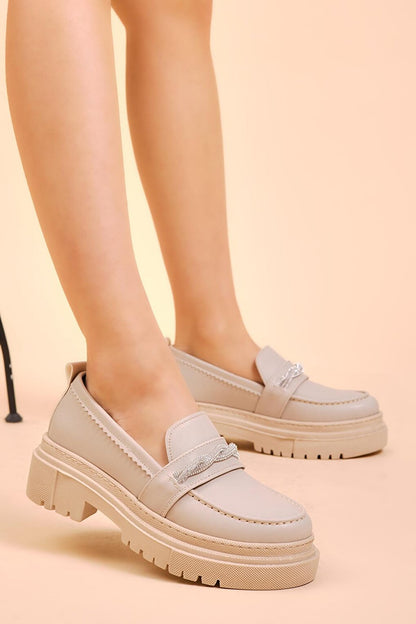 Women's Beige Stone Embroidered Spiral Detailed High Sole Casual Shoes