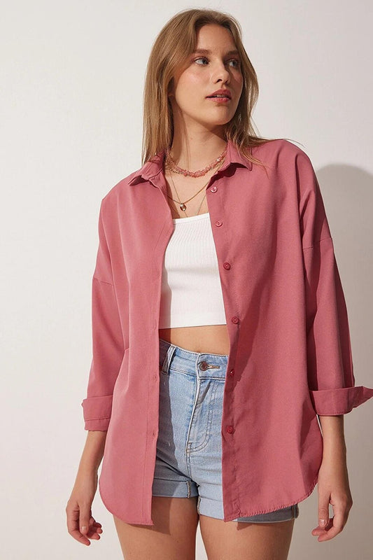 Women's Dusty Rose Plain Plain Araboy Basic Oversize Shirt