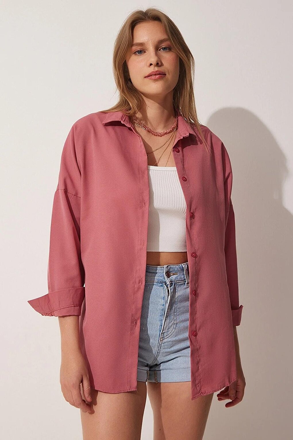 Women's Dusty Rose Plain Plain Araboy Basic Oversize Shirt