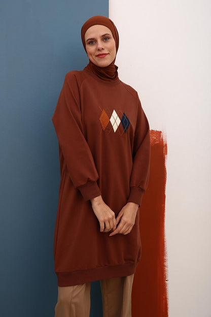 Light Brown Baklava Applique Embroidered Sweat Tunic