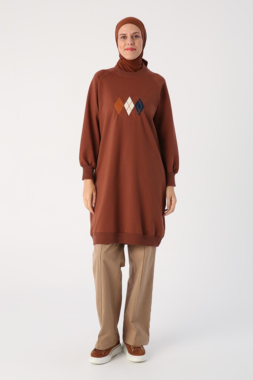 Light Brown Baklava Applique Embroidered Sweat Tunic