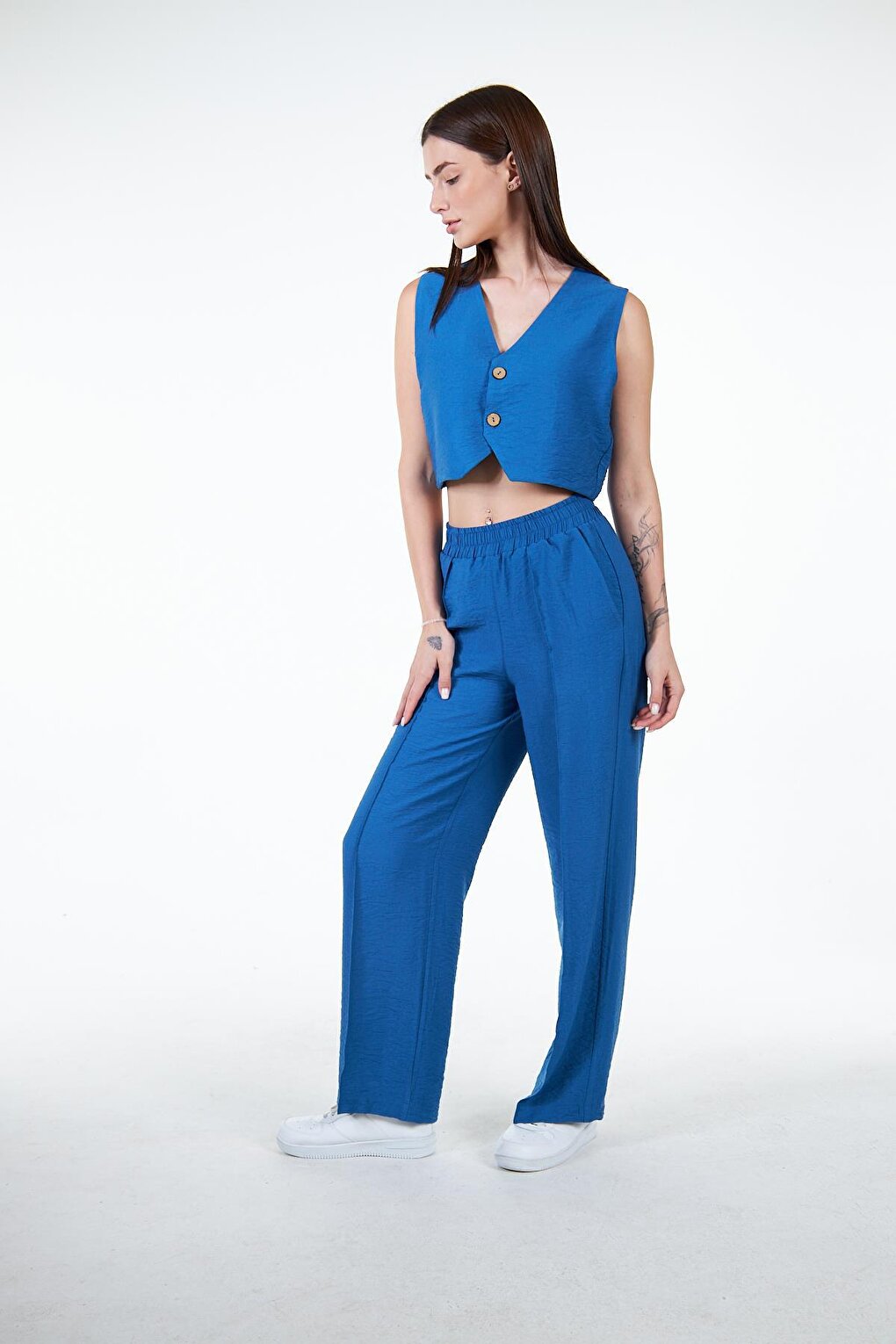 Blue Women's Linen Look Rib Detailed Loose Fit Wide Leg Trousers - Nomte