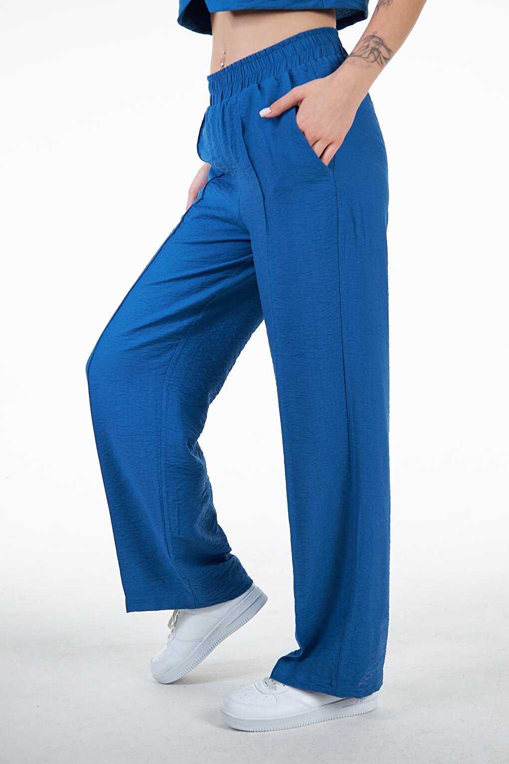 Blue Women's Linen Look Rib Detailed Loose Fit Wide Leg Trousers - Nomte