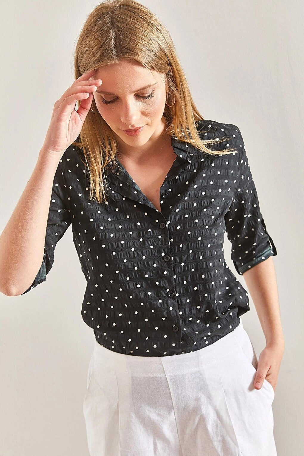 Women's Sleeve Folded Polka Dot Viscose Shirt