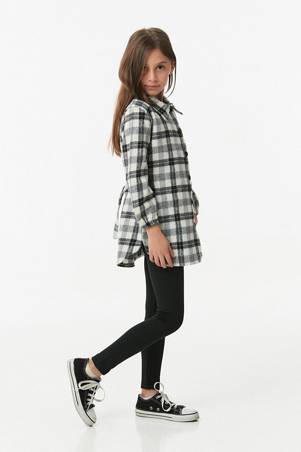 Plaid Patterned Belted Girl's Shirt