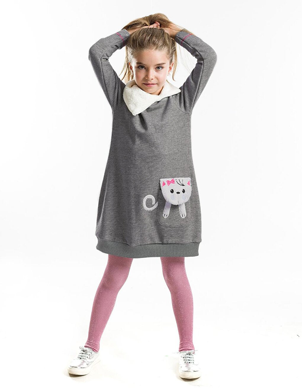 Shawl Collar Cat Pocket Girls Dress