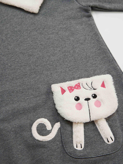 Shawl Collar Cat Pocket Girls Dress