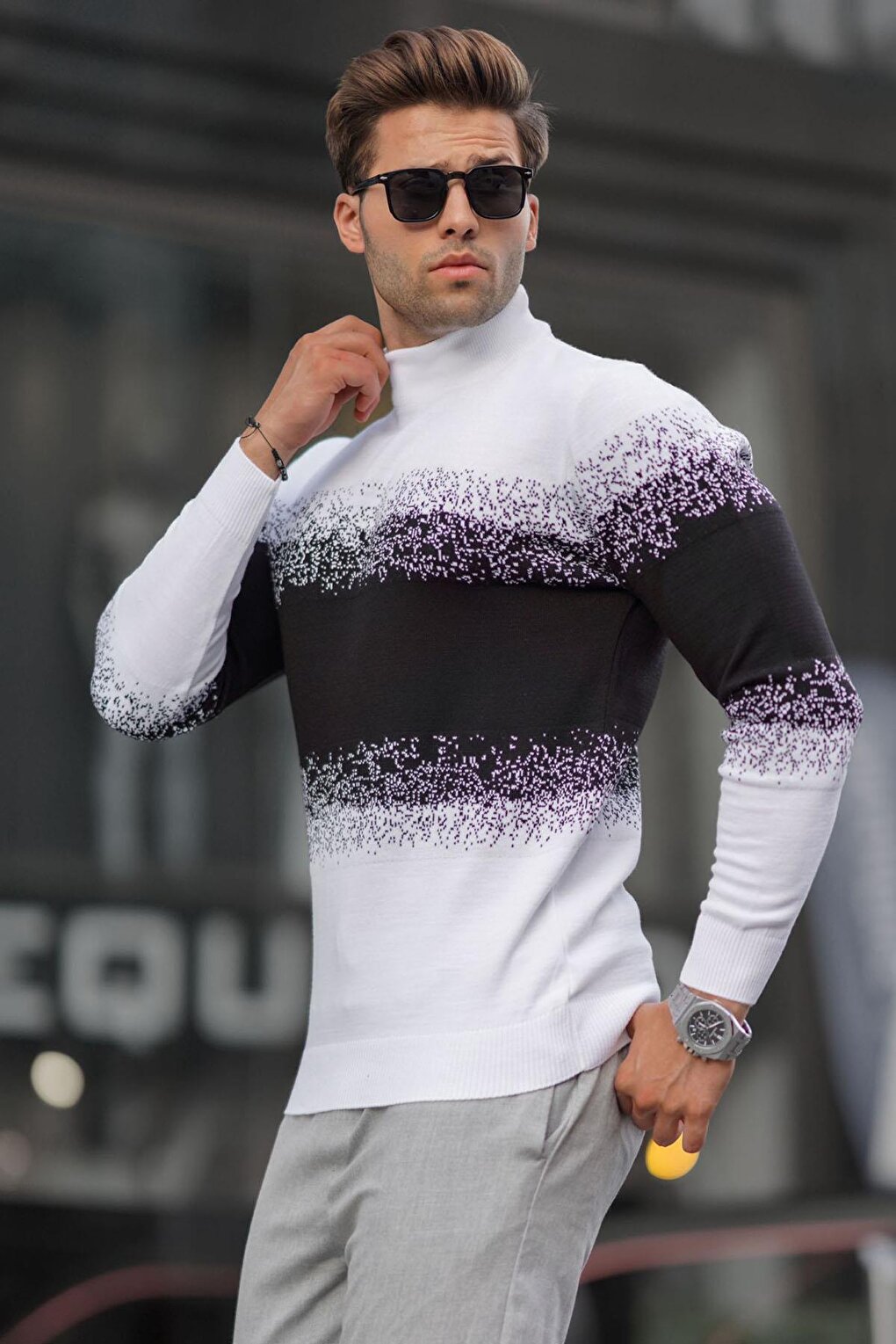 White Turtleneck Patterned Sweater 6845