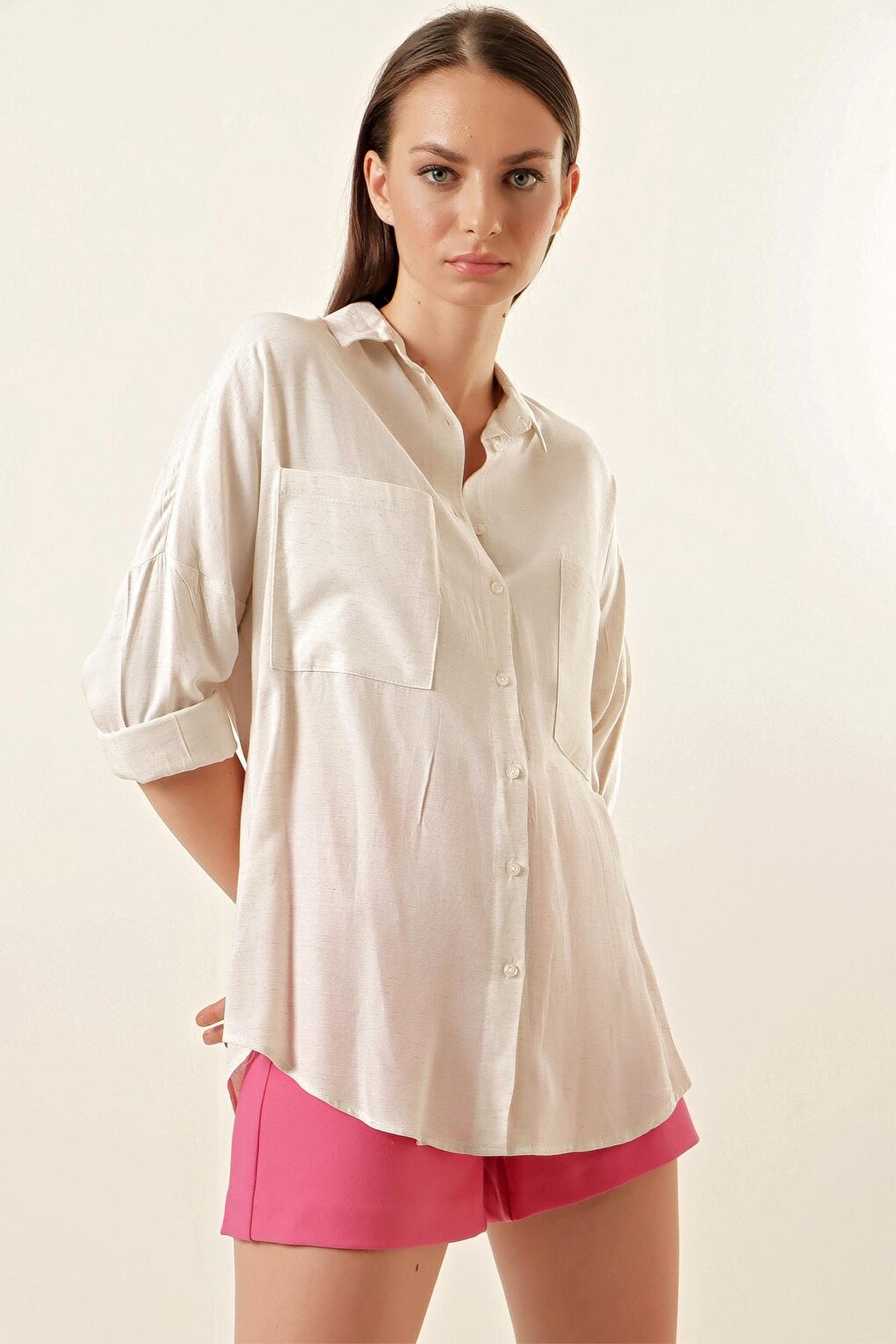 Women's Ecru Drop Shoulder Double Pocket Linen Shirt