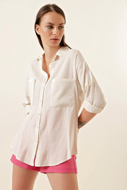 Women's Ecru Drop Shoulder Double Pocket Linen Shirt