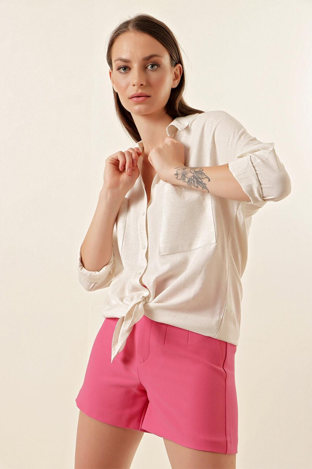 Women's Ecru Drop Shoulder Double Pocket Linen Shirt