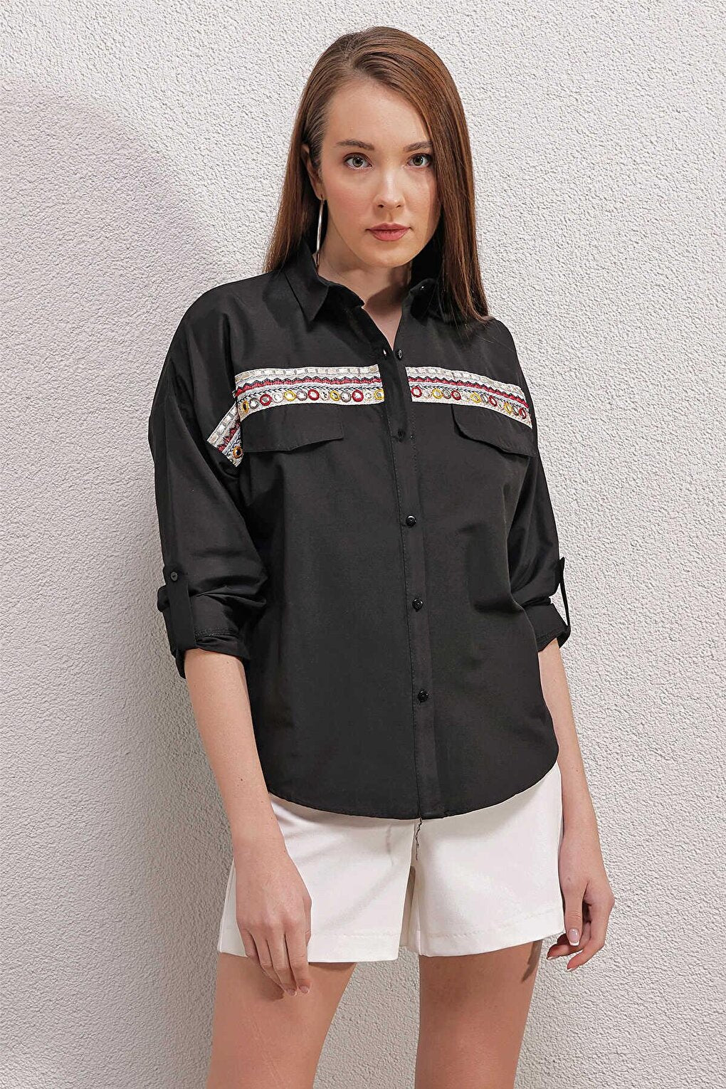 Women's Black Embroidered Shirt with Pocket Flap Detail