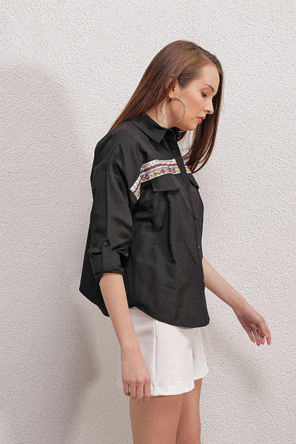 Women's Black Embroidered Shirt with Pocket Flap Detail