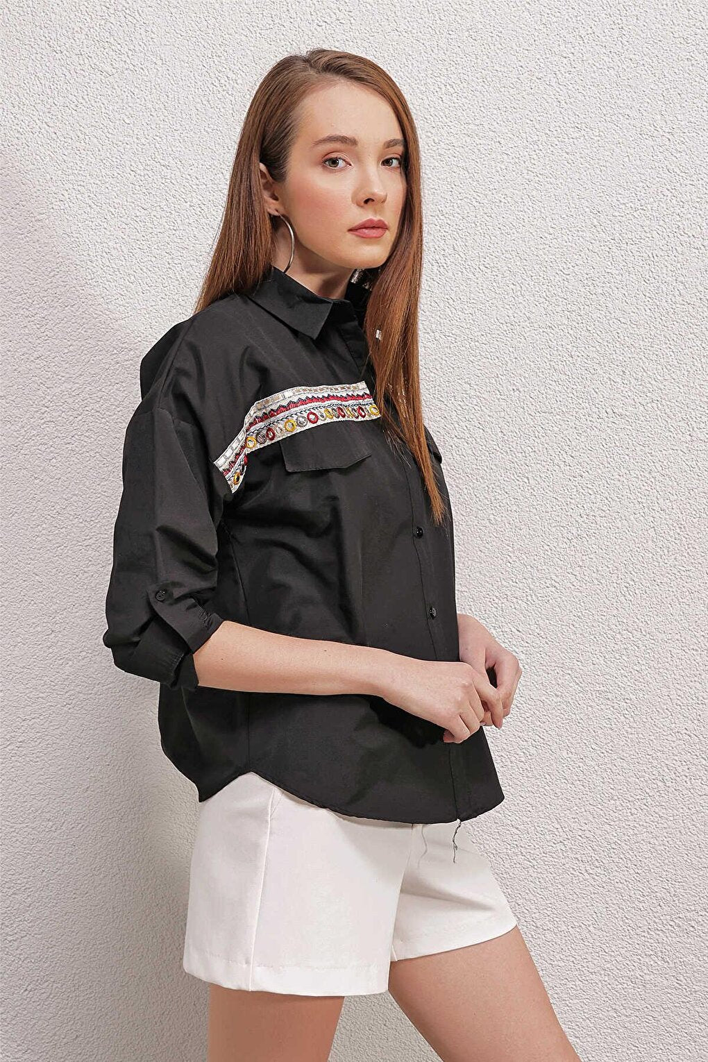 Women's Black Embroidered Shirt with Pocket Flap Detail