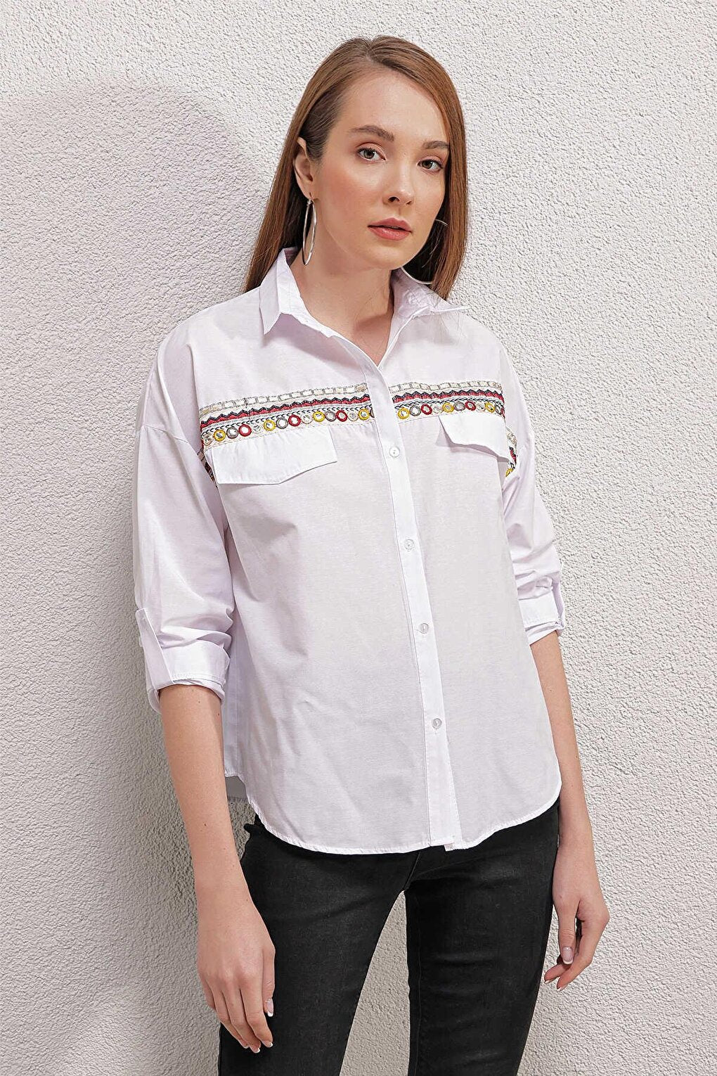 Women's White Embroidered Shirt with Pocket Flap Detail